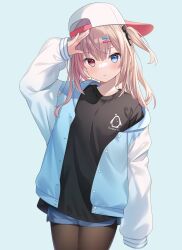 Rule 34 | 1girl, arm up, backwards hat, black bow, black shirt, blue background, blue eyes, blue jacket, blue shorts, blush, bow, breasts, brown hair, brown pantyhose, closed mouth, hair bow, hair ornament, hairclip, hat, heterochromia, highres, hitsukuya, jacket, long hair, long sleeves, looking at viewer, meme, multicolored hair, off shoulder, one side up, open clothes, open jacket, original, pantyhose, pantyhose under shorts, pink hair, puffy long sleeves, puffy sleeves, red eyes, shirt, short shorts, shorts, simple background, sleeves past wrists, small breasts, solo, streaked hair, white hat