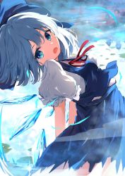 Rule 34 | 1girl, blue bow, blue dress, blue eyes, blue hair, bow, bowtie, breasts, cirno, cloud, cloudy sky, collar, collared shirt, dress, flying, hair between eyes, highres, ice, ice wings, lake, leaf, light, looking to the side, mansion, medium breasts, open mouth, puffy short sleeves, puffy sleeves, red bow, red bowtie, shadow, shangurira, shirt, short hair, short sleeves, sky, solo, touhou, water, white shirt, white sleeves, wings