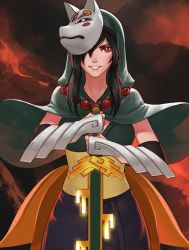Rule 34 | 1girl, arm armor, black hair, cape, corset, fingerless gloves, fox mask, gloves, green cape, green hood, hair over one eye, highres, jewelry, less, looking at viewer, mask, metal gloves, necklace, one eye covered, pearl necklace, pink pupils, red eyes, skirt, smile, solo, sword, weapon