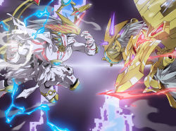 Rule 34 | 2boys, appmon, armor, digimon, digimon universe: appli monsters, electricity, energy, fighting, flying, full armor, gaiamon (appmon), looking at another, multiple boys, rebootmon