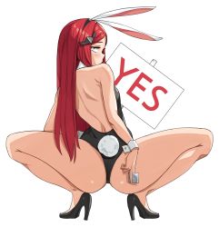 Rule 34 | 1girl, airplane hair ornament, animal ears, ass, night angel (last origin), back, black leotard, blush, rabbit ears, rabbit tail, detached collar, english text, fake animal ears, fake tail, flat chest, from behind, full body, high heels, highres, holding, holding sign, last origin, leotard, long hair, looking at viewer, narabi, playboy bunny, sanpaku, sign, simple background, solo, squatting, strapless, strapless leotard, tail, white background, wrist cuffs, yes