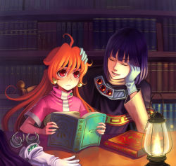 Rule 34 | 1boy, 1girl, ahoge, blush, book, frontier town, gloves, lamp, library, lina inverse, purple hair, red eyes, red hair, slayers, xelloss