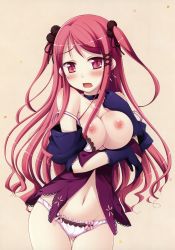 Rule 34 | 1girl, absurdres, beige background, black gloves, blush, bra, bra pull, breast hold, breasts, breasts out, choker, clothes pull, cowboy shot, d:, gloves, highres, hinomiya ayari, ko~cha, looking at viewer, navel, nipples, no pants, open mouth, panties, pink bra, pink eyes, pink panties, red hair, simple background, standing, stomach, thigh gap, thighs, two side up, underwear, wavy mouth, witch&#039;s garden