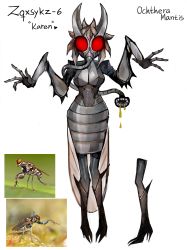 Rule 34 | 1girl, absurdres, arthropod girl, bug, colored skin, compound eyes, drooling, extended mouth, fewer digits, fly, full body, furry, grey skin, hands up, highres, horns, insect, matilda fiship, original, pencil skirt, red eyes, sharp teeth, simple background, skirt, solo, teeth, white background