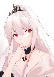 Rule 34 | 1girl, ahrara, braid, bridal veil, choker, clip studio paint (medium), cross, cross choker, cross necklace, crown braid, dress, finger to mouth, girls&#039; frontline, hand to own mouth, highres, jewelry, kar98k (girls&#039; frontline), long hair, looking at viewer, necklace, red eyes, solo, solo focus, veil, wedding dress, white background, white hair