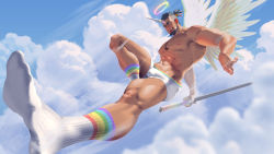Rule 34 | 1boy, abs, absurdres, bara, beard, briefs, bulge, cloud, cloudy sky, dark-skinned male, dark skin, erection, erection under clothes, facial hair, feathered wings, flying, foreshortening, halo, highres, horns, large pectorals, lgbt pride, male focus, male underwear, mature male, muscular, muscular male, navel, nipples, original, pectorals, print footwear, print male underwear, rainbow gradient, rainbow underwear, rainbow underwear (male), short hair, single horn, sky, smile, socks, solo, stomach, thick thighs, thighs, undercut, underwear, underwear only, unicorn boy, white male underwear, wings, yanxijun
