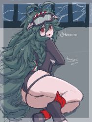 Rule 34 | 1girl, @ @, absurdres, artist request, ass, ass focus, azur lane, bare legs, black one-piece swimsuit, blush, bodysuit, breasts, curvy, dark green hair, diving mask, diving mask on head, diving suit, from behind, goggles, goggles on head, highleg, highleg swimsuit, highres, leg tattoo, long hair, looking at viewer, looking back, one-piece swimsuit, open mouth, red eyes, shiny skin, sitting, skin tight, skindentation, solo, spread legs, swimsuit, tattoo, thighs, torricelli (azur lane), twitter username, very long hair, wetsuit
