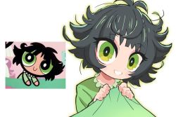 Rule 34 | 1girl, antenna hair, black hair, blanket, buttercup (ppg), buttercup redraw challenge (meme), closed mouth, eyelashes, eyes visible through hair, gashi-gashi, glowing, green eyes, green theme, highres, holding, holding blanket, long eyelashes, looking at viewer, meme, messy hair, open mouth, outer glow, outline, powerpuff girls, reference inset, reference photo, screenshot inset, short hair, simple background, smile, white background