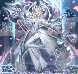 Rule 34 | 3girls, arianna the labrynth servant, arianne the labrynth servant, breasts, detached collar, dress, duel monster, earrings, female focus, grey eyes, grey hair, halberd, heart, highres, holding, holding weapon, horns, hucydin, jewelry, large breasts, looking at viewer, lovely labrynth of the silver castle, multiple girls, ojou-sama pose, pointy ears, polearm, silhouette, tagme, weapon, yu-gi-oh!