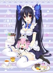 Rule 34 | 1girl, :d, apron, black footwear, black hair, blue dress, blue ribbon, blush, breasts, cake, character doll, character name, cleavage, commentary request, cup, detached collar, doll, dress, food, frilled apron, frilled cuffs, frilled dress, frilled thighhighs, frills, full body, hair ribbon, high heels, highres, holding, holding doll, horizontal-striped background, long hair, looking at viewer, maid, maid apron, maid headdress, medium breasts, neptune (neptunia), neptune (series), noire (neptunia), open mouth, pudding, red eyes, ribbon, sitting, smile, solo, tea, teacup, thighhighs, twintails, very long hair, white thighhighs, wrist cuffs, zero (ray 0805)