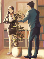 Rule 34 | 1boy, 1girl, ace attorney, arimoto wada dji, black dress, black footwear, blue jacket, blue pants, blue suit, bookshelf, brown hair, charley (ace attorney), dress, formal, framed, highres, holding, holding watering can, indoors, jacket, lapels, long hair, long sleeves, looking at another, magatama, mia fey, pants, pencil dress, phoenix wright, plant, potted plant, scarf, shoes, short dress, standing, suit, suit jacket, swept bangs, watering can, white footwear, yellow scarf