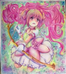 Rule 34 | 10s, 1girl, arrow (projectile), bow, bow (weapon), choker, dress, hair bow, highres, kaname madoka, mahou shoujo madoka magica, mahou shoujo madoka magica (anime), painting (medium), pink eyes, pink hair, solo, traditional media, twintails, watercolor (medium), weapon, yuyu (00365676)