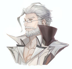 Rule 34 | 1boy, absurdres, bara, beard, character request, cropped torso, ear piercing, facial hair, glasses, hair slicked back, highres, looking ahead, male focus, mature male, old, old man, pectoral cleavage, pectorals, piercing, sdz (inazuma), sideburns, solo, thick mustache, white hair