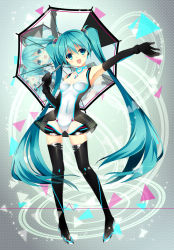 Rule 34 | 1girl, alternate costume, aqua eyes, aqua hair, bad id, bad pixiv id, blush, elbow gloves, gloves, hatsune miku, highres, kobayashi chisato, long hair, looking at viewer, open mouth, race queen, racing miku, racing miku (2011), recursion, smile, solo, thighhighs, twintails, umbrella, very long hair, vocaloid
