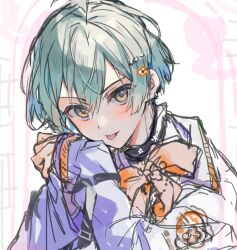 Rule 34 | 1boy, aqua hair, be suko, blue shirt, blush, bow, flower, hair flower, hair ornament, idolish7, isumi haruka, jacket, long sleeves, looking at viewer, male focus, multicolored background, official alternate costume, orange bow, pink background, shirt, short hair, sketch, solo, tongue, tongue out, white background, white jacket, yellow eyes