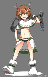 Rule 34 | 10s, 1girl, absurdres, alternate costume, anchor, black panties, blush, brown eyes, brown hair, capelet, copyright name, feather hair ornament, feathers, full body, grey background, hair ornament, hand on own hip, highres, ikazuchi (kancolle), kantai collection, looking at viewer, max melon, navel, over shoulder, panties, paw shoes, shoes, short hair, showgirl skirt, simple background, skull, skull hair ornament, smile, solo, twitter username, underwear