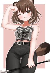 1girl ;q animal_ear_fluff animal_ears animal_print belt black_belt black_pants breasts brown_eyes brown_hair butterfly_print camisole commentary cyon_hart english_commentary frilled_camisole frills grey_camisole hair_between_eyes highres holding holding_weapon one_eye_closed outline pants raccoon_ears raccoon_girl raccoon_tail second-party_source solo tail timtim_(tim99292) tongue tongue_out v&amp;u_entertainment virtual_youtuber weapon white_outline