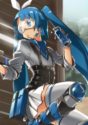 Rule 34 | 1girl, blue eyes, blue hair, flat chest, goggles, highres, long hair, mascot, mouth hold, nipako, pleated skirt, skirt, smoke grenade, solo, twintails, ultimate nipper, very long hair, yuto (dialique)