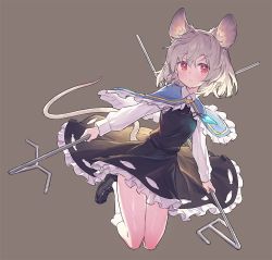 Rule 34 | 1girl, animal ear fluff, animal ears, bare legs, black skirt, black vest, blue capelet, blush, breasts, capelet, closed mouth, collared shirt, commentary, dowsing rod, expressionless, hair between eyes, legs together, long sleeves, looking at viewer, mouse ears, mouse tail, nazrin, red eyes, shirt, short hair, silver hair, simple background, skirt, skirt set, small breasts, solo, tail, thighs, touhou, vest, white shirt, wing collar, yamamomo (plank)