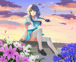 Rule 34 | 1girl, arms at sides, black hair, blue skirt, blurry, braid, crying, crying with eyes open, depth of field, flower, forget-me-not (flower), full body, green eyes, hair ornament, highres, loafers, long hair, luo tianyi, outdoors, panties, pantyshot, petals, pleated skirt, school uniform, serafuku, shoes, short sleeves, sitting, skirt, sky, solo, tears, thighhighs, traze, twin braids, underwear, vocaloid, white panties, white thighhighs, wind