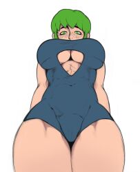 Rule 34 | 1girl, blush, breasts, dorkbum, foo fighters (jojo), green eyes, green hair, highres, jojo no kimyou na bouken, large breasts, looking at viewer, short hair, simple background, solo, stone ocean, thick thighs, thighs, underboob, wide hips
