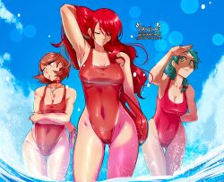 Rule 34 | 3girls, absurdres, adjusting hair, aqua eyes, aqua hair, arm behind back, baywatch, breasts, choker, closed eyes, cloud, cloudy sky, collarbone, commentary, covered navel, day, english commentary, hair lift, hand in own hair, haysey, highleg, highleg one-piece swimsuit, highres, holding, kirijou mitsuru, lifeguard, long hair, looking at viewer, looking to the side, multiple girls, one-piece swimsuit, outdoors, persona, persona 3, red choker, red hair, red one-piece swimsuit, shaded face, short hair, sky, standing, swept bangs, swimsuit, takeba yukari, thigh gap, thighs, water, whistle, whistle around neck, yamagishi fuuka