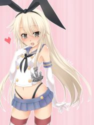 Rule 34 | 10s, 1girl, anchor, anchor hair ornament, black panties, blonde hair, blush, brown eyes, elbow gloves, gloves, hair ornament, hairband, heart, highleg, highleg panties, kantai collection, long hair, looking at viewer, navel, panties, personification, shimakaze (kancolle), skirt, smile, solo, striped clothes, striped thighhighs, thighhighs, underwear, viss, white gloves, zettai ryouiki