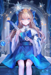 1girl :3 arch blonde_hair blue_bow blue_dress blue_eyes blue_gemstone book bow capelet commentary_request crystal curtains dress feet_out_of_frame gem hair_bow hair_ornament hairclip hands_up hanging highres holding holding_book holding_quill long_hair looking_at_viewer open_book orb original quill seisaiminty sitting smile solo star_(sky) star_(symbol) straight-on telescope white_capelet white_sleeves wide_sleeves