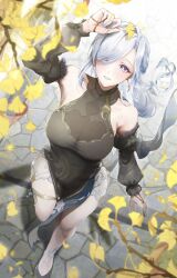 1girl absurdres arano0910 arm_up black_dress black_footwear black_sleeves breasts china_dress chinese_clothes cleavage covering_head detached_sleeves dress from_above genshin_impact ginkgo_leaf grey_eyes grey_hair grey_nails high_heels highres large_breasts leaf long_hair looking_at_viewer looking_up official_alternate_costume official_alternate_hairstyle open_mouth pelvic_curtain see-through_cleavage see-through_clothes shenhe_(frostflower_dew)_(genshin_impact) shenhe_(genshin_impact) sleeveless sleeveless_dress solo stone_floor