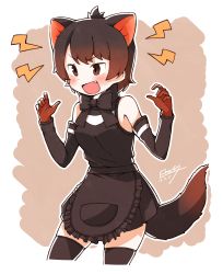 Rule 34 | 10s, 1girl, absurdres, animal ears, apron, bad id, bad twitter id, bare shoulders, black hair, blush, bow, bowtie, claw pose, cowboy shot, detached sleeves, dress, enk 0822, fang, gloves, highres, kemono friends, short hair, sleeveless, sleeveless dress, solo, tasmanian devil (kemono friends), tasmanian devil ears, tasmanian devil tail, thighhighs