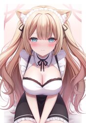 Rule 34 | 1girl, @ @, absurdres, animal ears, bare shoulders, black dress, blonde hair, blue eyes, blush, breasts, cat ears, cleavage, dress, embarrassed, frilled dress, frills, highres, komari mhy, large breasts, long hair, looking at viewer, maid, maid headdress, original, short dress, sleeveless, sleeveless dress, solo, v arms, very long hair, wing collar