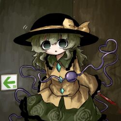 Rule 34 | 1girl, black hat, blood, bloody knife, bow, buttons, dark background, diamond button, exit sign, floral print, green eyes, green skirt, hat, heart, heart of string, heripantomorrow, holding, holding knife, knife, komeiji koishi, light green hair, looking at viewer, motion lines, open mouth, rose print, skirt, solo, sweater, third eye, touhou, upper body, yellow bow, yellow sweater