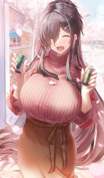 Rule 34 | 1girl, ^ ^, black hair, blush, breasts, brown hair, brown skirt, can, cherry blossoms, closed eyes, cowboy shot, daidou (demitasse), day, drink can, facing viewer, fingernails, hair ornament, hair over one eye, hairclip, half updo, hands up, highres, holding, holding can, large breasts, long hair, long sleeves, nail polish, object on breast, open mouth, original, outdoors, petals, pink nails, red sweater, ribbed sweater, sash, skirt, soda can, solo, sweater, tree, turtleneck, turtleneck sweater, vending machine, very long hair