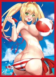 Rule 34 | 10s, 1girl, ahoge, ass, ball, beachball, bead bracelet, beads, bikini, blonde hair, blue sky, blush, border, bracelet, breasts, butt crack, day, fate/extra, fate/grand order, fate (series), green eyes, hair between eyes, jewelry, large breasts, long hair, looking at viewer, looking back, nero claudius (fate), nero claudius (fate) (all), nero claudius (swimsuit caster) (fate), ocean, open mouth, red bikini, red border, sky, smile, solo, striped bikini, striped clothes, swimsuit, topless, twintails, untue, unworn bikini top, wet