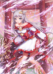 Rule 34 | 1girl, animal ears, bad id, bad pixiv id, bell, blue eyes, cat ears, cat tail, grey hair, h2o (dfo), japanese clothes, jingle bell, leaning forward, long hair, miko, open mouth, original, outdoors, shakujou, solo, staff, standing, tail, torii