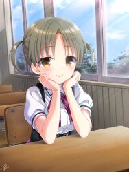 Rule 34 | 1girl, blush, bow, brown eyes, c:, chaamii, classroom, closed mouth, commentary request, day, desk, elbows on table, hands on own cheeks, hands on own face, head rest, highres, hotori kogara, indoors, koibana ren&#039;ai, light rays, looking at viewer, plaid, plaid bow, puffy short sleeves, puffy sleeves, purple bow, school desk, school uniform, shirt, short hair, short sleeves, short twintails, signature, sitting, skirt, smile, solo, sunbeam, sunlight, suspender skirt, suspenders, tsurime, twintails, upper body, white shirt, window