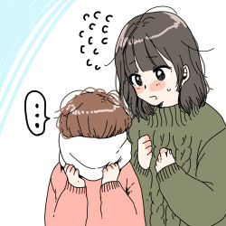 Rule 34 | ..., 2girls, bad id, bad pixiv id, black hair, blush, blush stickers, brown hair, covered face, flying sweatdrops, height difference, highres, kaizen, medium hair, multiple girls, original, scarf, sketch, sweatdrop, sweater