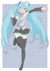Rule 34 | 1girl, :d, absurdres, ahoge, aqua eyes, aqua hair, aqua nails, aqua necktie, armpit peek, bad id, bad twitter id, black skirt, black thighhighs, blue background, breasts, collared shirt, commentary, detached sleeves, donguri suzume, eyelashes, full body, grey shirt, hair between eyes, hatsune miku, highres, long hair, looking at viewer, medium breasts, microphone, miniskirt, nail polish, necktie, open mouth, outstretched arm, pleated skirt, shirt, simple background, skirt, smile, solo, standing, standing on one leg, thighhighs, thighs, twintails, vocaloid, wing collar, zettai ryouiki
