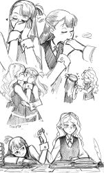 Rule 34 | 2girls, artist name, blush, book, diana cavendish, greyscale, hands on another&#039;s face, heart, holding hands, inkwell, interlocked fingers, kagari atsuko, kiss, kissing hand, little witch academia, looking away, monochrome, multiple girls, nose blush, quill, raised eyebrows, short ponytail, sketch, smile, spoken blush, surprised, ticcy, vest, white background, yuri