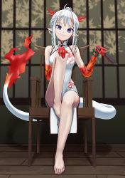 Rule 34 | 1girl, absurdres, alohayuja, arknights, bare legs, barefoot, bead bracelet, beads, bracelet, braid, breasts, chair, china dress, chinese clothes, closed mouth, colored skin, commentary, dragon girl, dragon horns, dragon print, dragon tail, dress, english commentary, folded fan, folding fan, full body, hand fan, highres, holding, holding fan, horns, jewelry, knee up, looking at viewer, medium breasts, medium hair, multicolored hair, multicolored skin, nian (arknights), pelvic curtain, pointy ears, ponytail, purple eyes, red hair, red skin, sidelocks, silver hair, sitting, sleeveless, sleeveless dress, smile, solo, streaked hair, tail, thighs, twin braids, two-tone hair, white dress, wooden floor