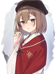 Rule 34 | 1girl, :o, absurdres, beret, braid, braided bangs, brown hair, embroidery, feathers, floral print, h9 99999, hand up, hat, highres, hololive, hololive english, japanese clothes, kimono, looking at viewer, multicolored hair, nanashi mumei, nanashi mumei (new year), official alternate costume, print kimono, red shawl, ribbon, shawl, simple background, solo, streaked hair, virtual youtuber, white kimono, wide sleeves, yellow eyes