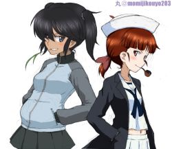 Rule 34 | 2girls, alternate hairstyle, artist name, back-to-back, black coat, black eyes, black hair, black neckerchief, blouse, blue jacket, blue skirt, blunt bangs, bow, closed mouth, coat, commentary, cosplay, costume switch, dark-skinned female, dark skin, dixie cup hat, girls und panzer, grin, hair bow, hair over one eye, hair tie, hairstyle switch, hands in pockets, hat, hat feather, jacket, kayabakoro, keizoku military uniform, long coat, long sleeves, looking at viewer, midriff, mikko (girls und panzer), military, military hat, military uniform, miniskirt, mouth hold, multiple girls, navel, neckerchief, ogin (girls und panzer), ooarai naval school uniform, open clothes, open coat, pleated skirt, raglan sleeves, red bow, red eyes, red hair, sailor, sailor collar, school uniform, shirt, short hair, short ponytail, short twintails, skirt, smile, smoking pipe, stalk in mouth, standing, track jacket, twintails, twitter username, uniform, white headwear, white shirt, white skirt