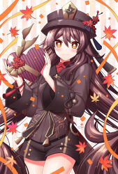 Rule 34 | 1girl, autumn leaves, black shorts, blush, box, brown eyes, brown hair, brown hat, brown jacket, closed mouth, commentary request, flower, flower-shaped pupils, genshin impact, gift, gift box, hat, hat flower, highres, holding, holding gift, hu tao (genshin impact), jacket, leaf, long hair, long sleeves, looking at viewer, maple leaf, red flower, red shirt, sakura tsubame, shirt, short shorts, shorts, smile, solo, striped, striped background, symbol-shaped pupils, vertical stripes, very long hair, wide sleeves