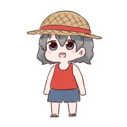 Rule 34 | 10s, 1girl, :d, alternate costume, bare arms, bare shoulders, batta (ijigen debris), blue shorts, blush, chibi, commentary request, grey eyes, grey hair, kaban (kemono friends), kemono friends, looking at viewer, open mouth, red shirt, round teeth, sandals, shirt, shorts, simple background, sleeveless, sleeveless shirt, smile, solo, standing, teeth, white background
