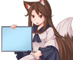 Rule 34 | &gt;:o, 1girl, :o, animal ears, brooch, brown hair, dress, fang, holding, holding sign, imaizumi kagerou, jewelry, long hair, long sleeves, marker, open mouth, parted bangs, red eyes, sign, solo, swept bangs, tail, tamahana, template, touhou, transparent background, tsurime, upper body, v-shaped eyebrows, white dress, wide sleeves, wolf ears, wolf tail