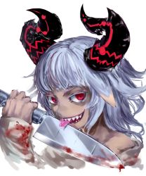 Rule 34 | 1girl, bare shoulders, blood, blood on clothes, bloody weapon, blunt bangs, commentary request, evil grin, evil smile, grey hair, grin, hand up, holding, holding knife, horns, jaco, knife, long sleeves, looking at viewer, monster girl, off shoulder, original, red eyes, reverse grip, saliva, sharp teeth, simple background, smile, smirk, solo, teeth, tongue, tongue out, upper body, weapon, white background