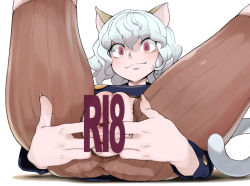 Rule 34 | 1girl, aioi u, animal ears, brown shorts, cat ears, cat girl, cat tail, censored, closed mouth, fingernails, hunter x hunter, legs up, long fingernails, long sleeves, lying, neferpitou, on back, pink eyes, pussy, ribbed shorts, shadow, short hair, shorts, simple background, smile, solo, split mouth, spread pussy, tail, torn clothes, torn shorts, white background, white hair