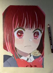 Rule 34 | 1girl, arima kana, blue jacket, blush, bob cut, collared shirt, colored pencil (medium), commentary, cropped torso, czyrus 27, dated, highres, inverted bob, jacket, looking at viewer, medium hair, oshi no ko, red eyes, red hair, romaji commentary, shirt, signature, solo, traditional media, wavy mouth, white shirt