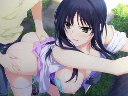 Rule 34 | 1boy, 1girl, aqua bra, aqua panties, bare shoulders, bent over, black hair, blush, bra, breast slip, breasts, brooch, brown eyes, buttons, clothed sex, doggystyle, game cg, grass, hands on another&#039;s hips, hetero, iizuki tasuku, izumi wakoto, jewelry, large breasts, long hair, lovely x cation 2, nipples, one breast out, open mouth, panties, pants, panty pull, sex, sex from behind, shoes, smile, solo focus, sweat, underwear