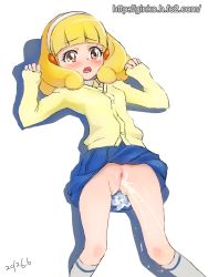Rule 34 | 10s, 1girl, arm up, arms up, bad id, bad pixiv id, blonde hair, blush, cleft of venus, clothes lift, eyelashes, ginko (silver fox), hairband, kise yayoi, no panties, pee, peeing, precure, pussy, school uniform, short hair, skirt, skirt lift, smile precure!, solo, uncensored, white hairband, yellow eyes
